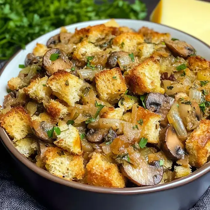 A bowl of savory bread stuffing featuring toasted bread cubes, sautéed mushrooms, onions, and herbs, garnished with parsley.