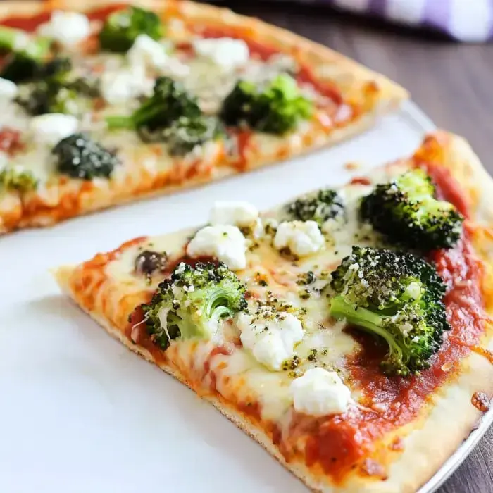 Two slices of pizza topped with broccoli and dollops of white cheese on a plate.