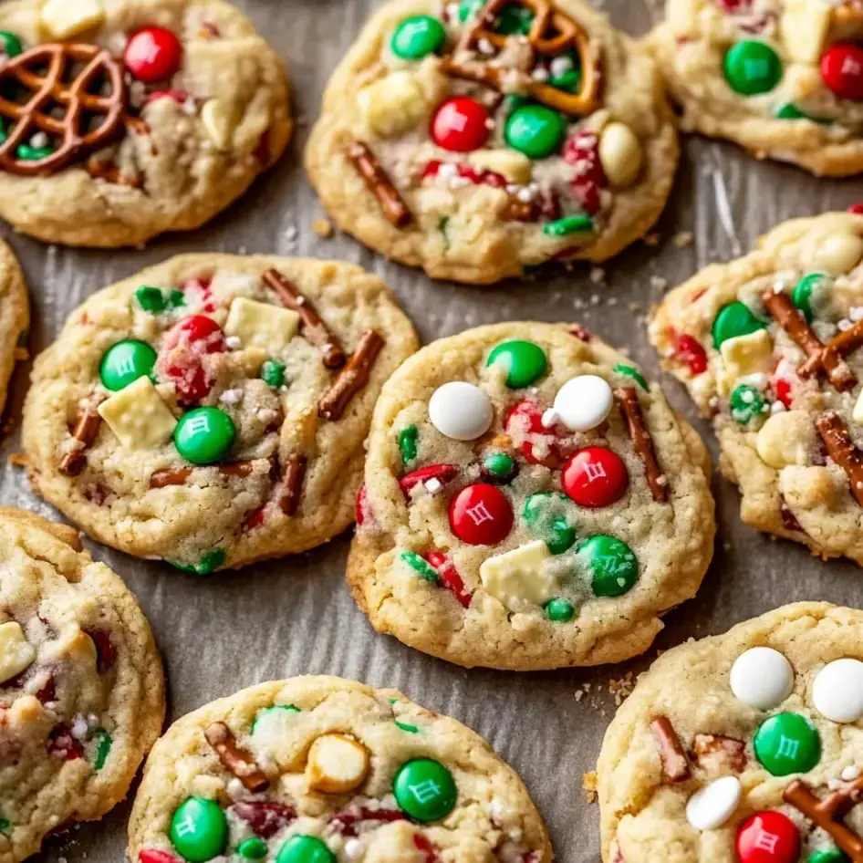 A platter of colorful holiday cookies topped with green and red candies, pretzels, and white chocolate chips.