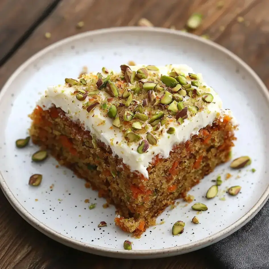 A slice of moist carrot cake topped with cream cheese frosting and chopped pistachios served on a white plate.