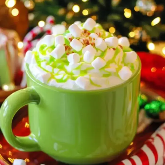 A vibrant green mug filled with whipped cream, mini marshmallows, and green syrup, set against a festive background with holiday decorations.