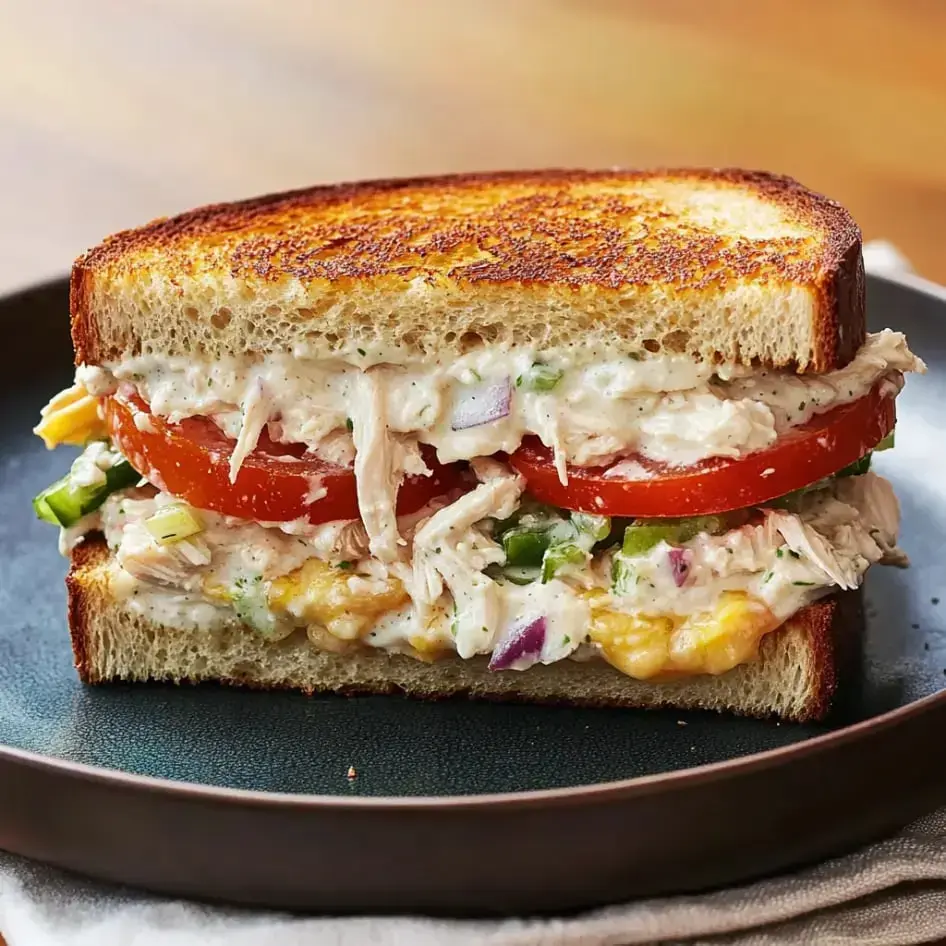 A toasted sandwich filled with shredded chicken, tomatoes, green peppers, and a creamy dressing, served on whole grain bread.