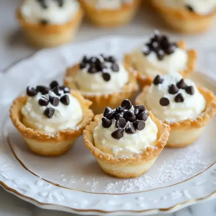 A plate of cream-filled pastry cups topped with whipped cream and chocolate chips.