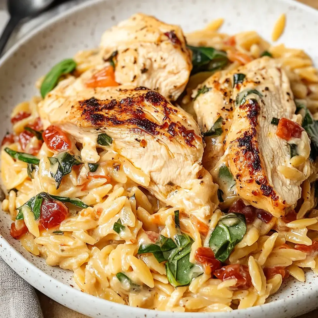 A bowl of creamy orzo pasta topped with sliced grilled chicken, spinach, and sun-dried tomatoes.