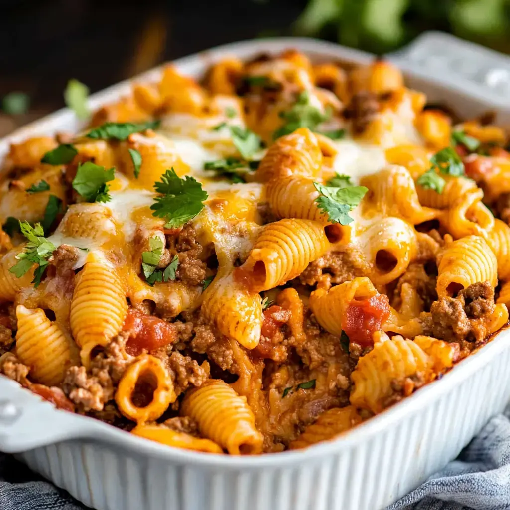 A baked pasta dish featuring conchiglie noodles, ground beef, cheese, and garnished with fresh cilantro.