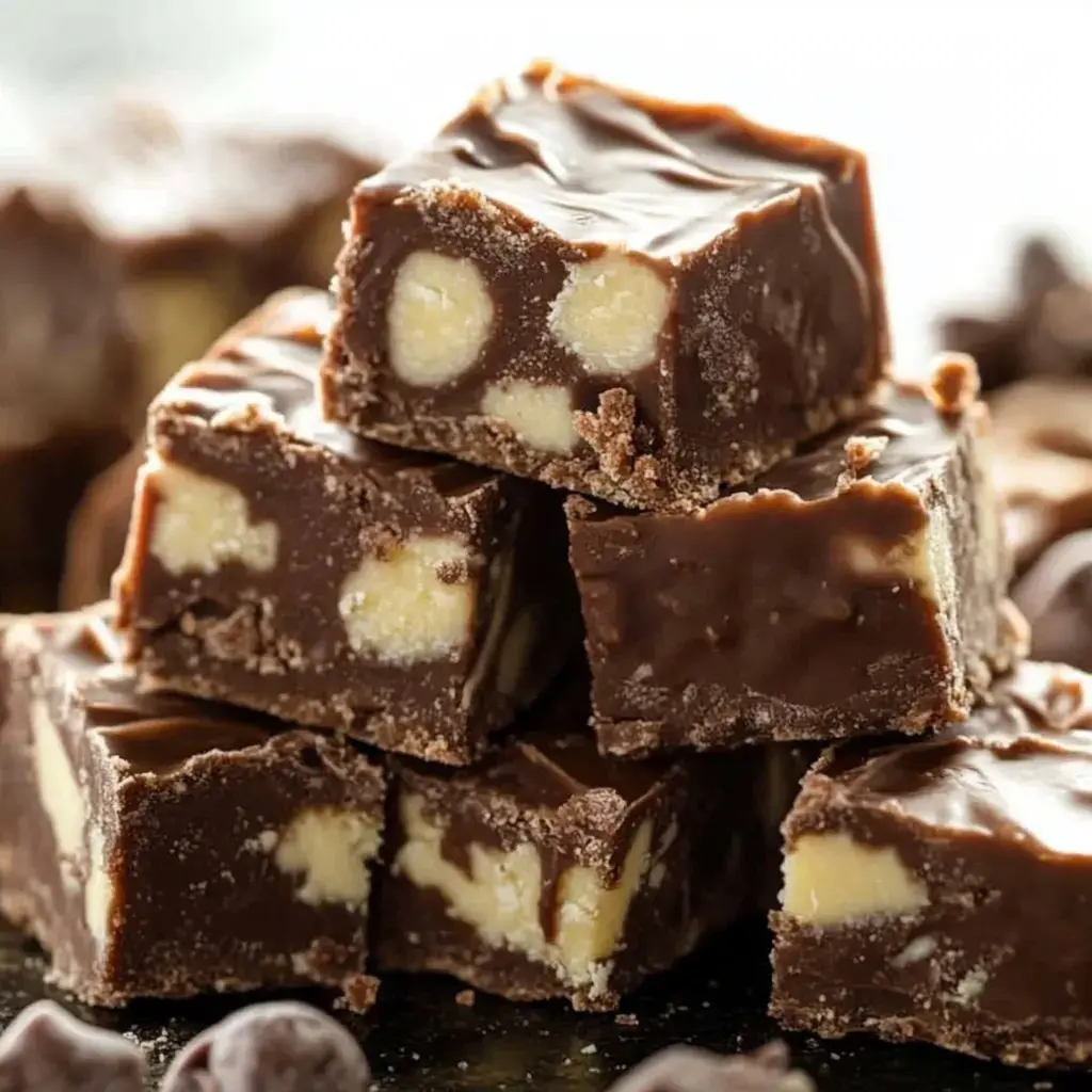 A close-up of stacked chocolate fudge squares with a creamy white filling, surrounded by chocolate chips.