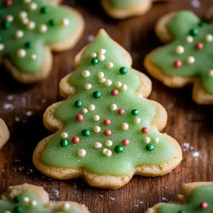 A decorated green Christmas tree cookie with red, green, and white sprinkles, set on a wooden surface.