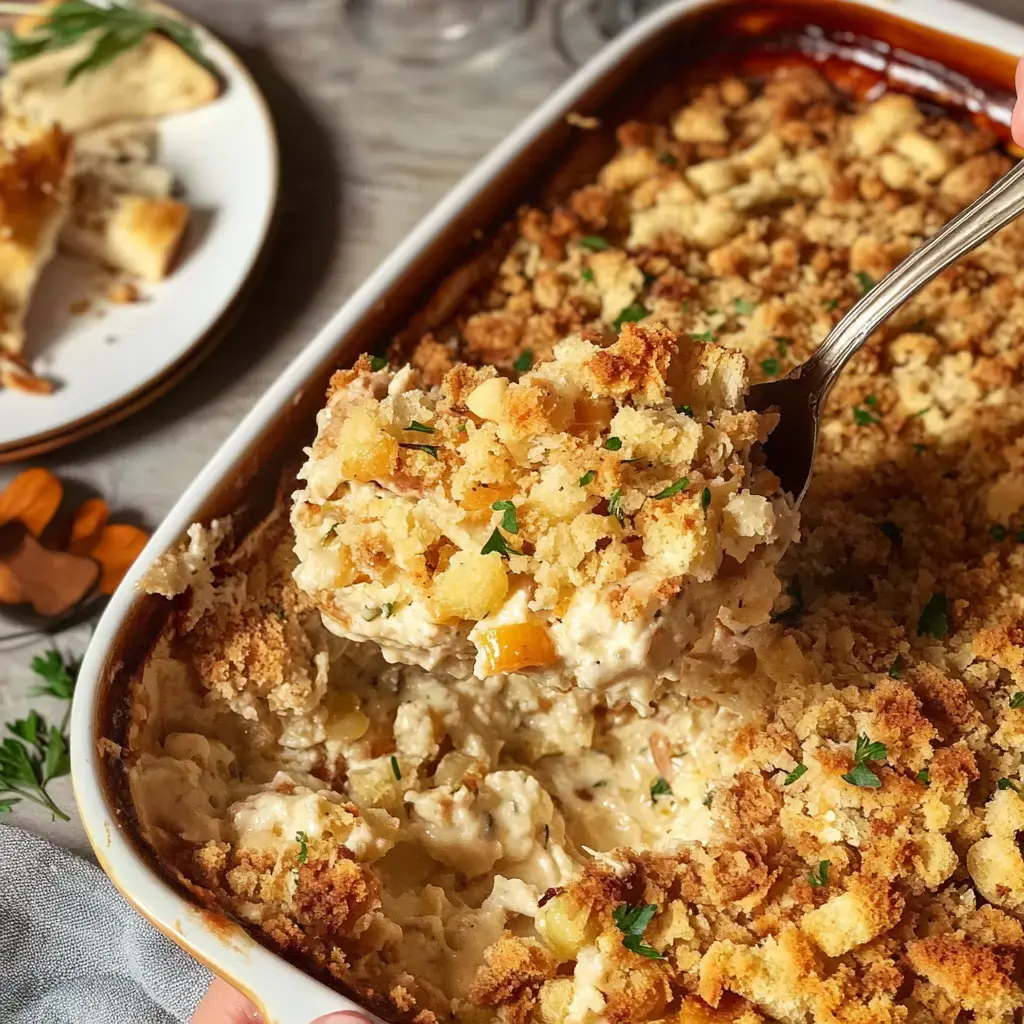 A serving spoon lifts a portion of creamy casserole topped with golden brown breadcrumbs, surrounded by a dish and a plate with partially eaten bread.