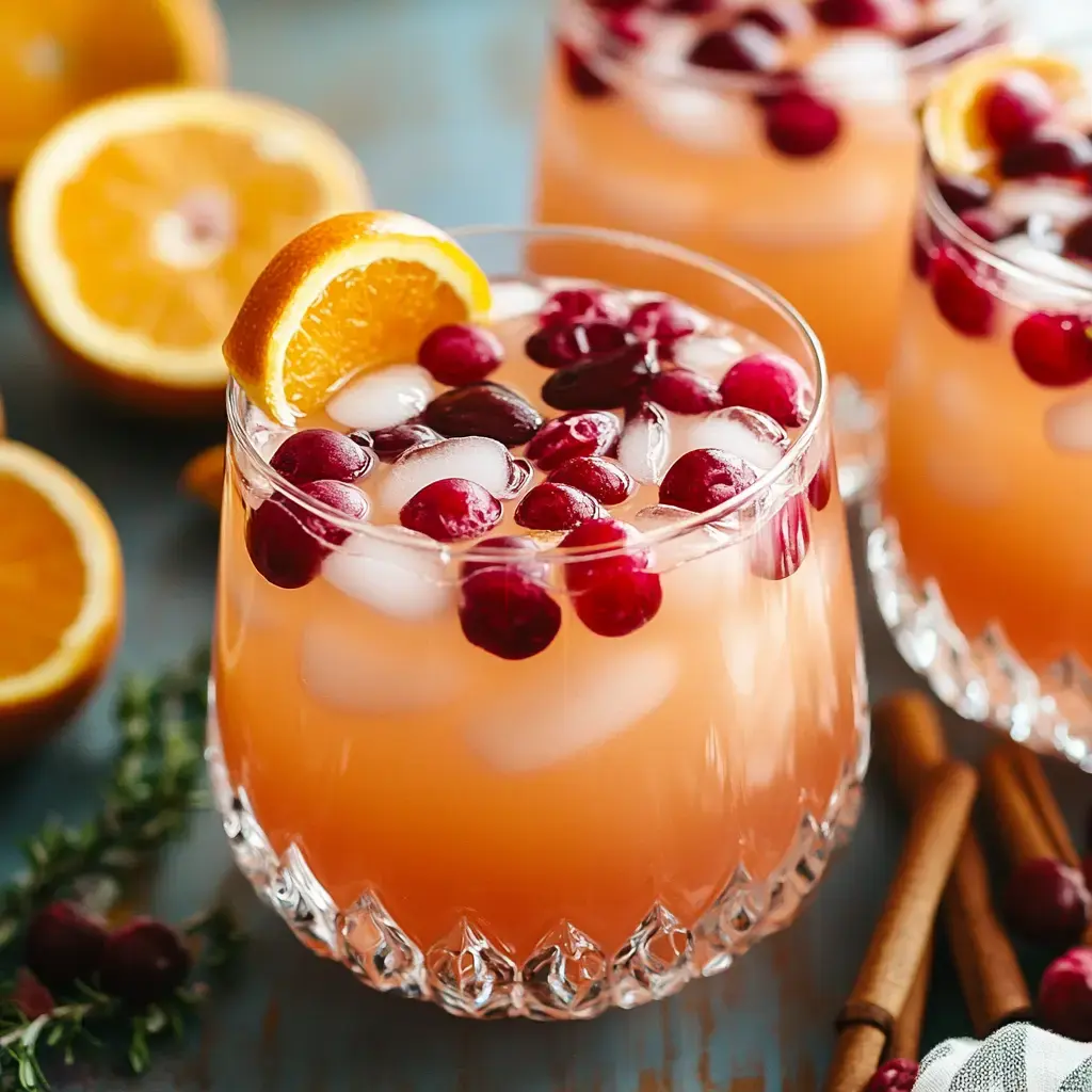 A close-up of glasses filled with a fruity drink garnished with oranges and cranberries, surrounded by fresh oranges and cinnamon sticks.