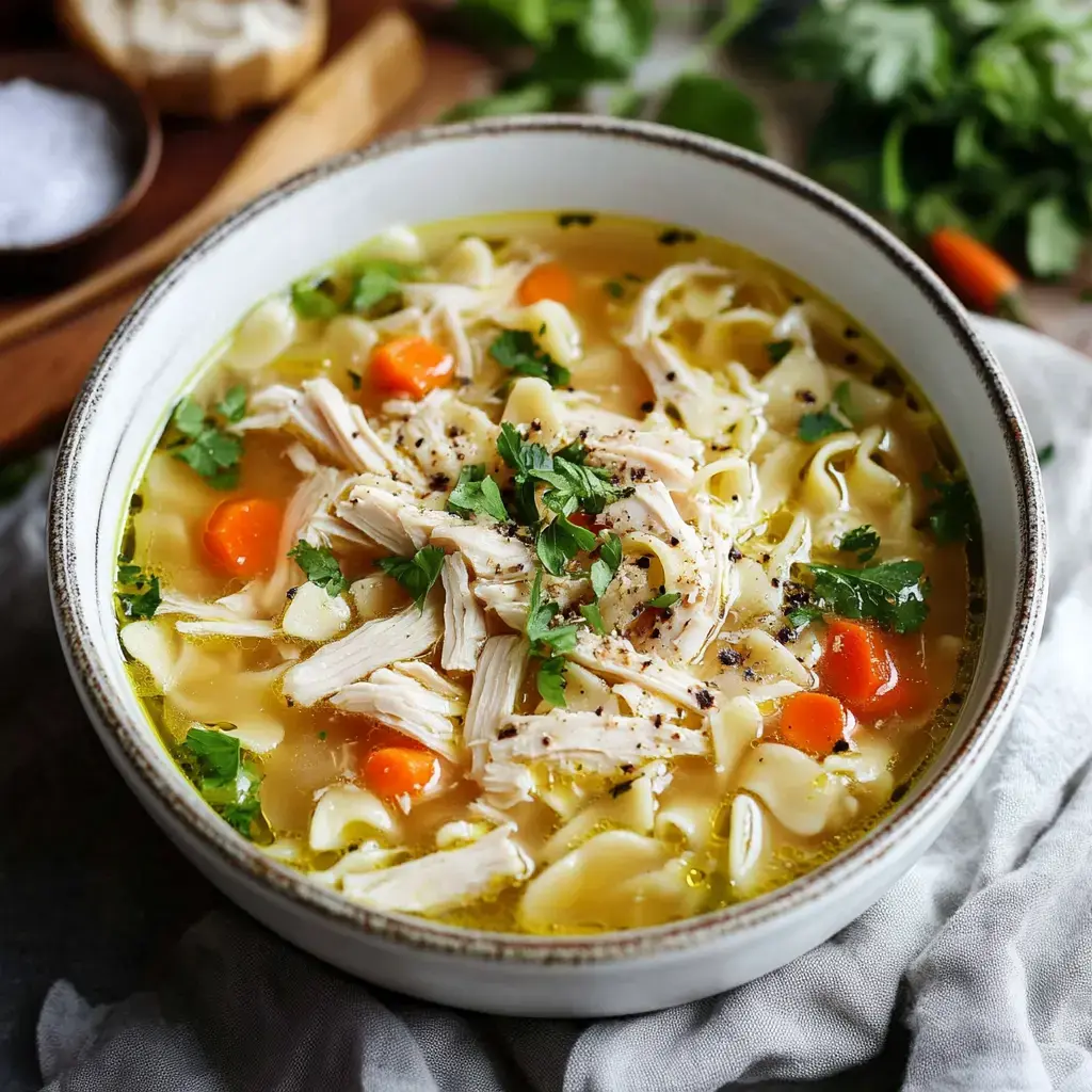 A bowl of chicken noodle soup with shredded chicken, carrots, and garnished with fresh cilantro.