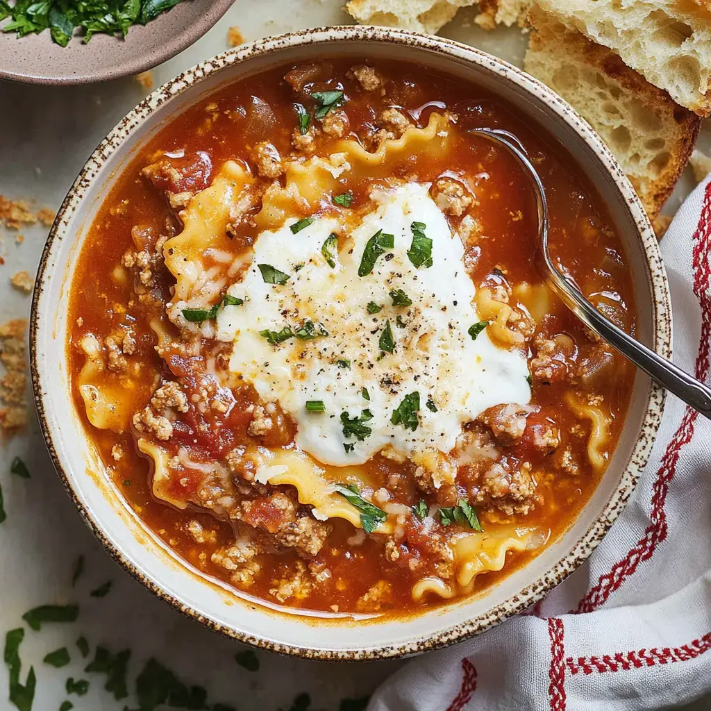 A bowl of lasagna soup garnished with herbs and a dollop of ricotta cheese, accompanied by bread and a side of chopped parsley.