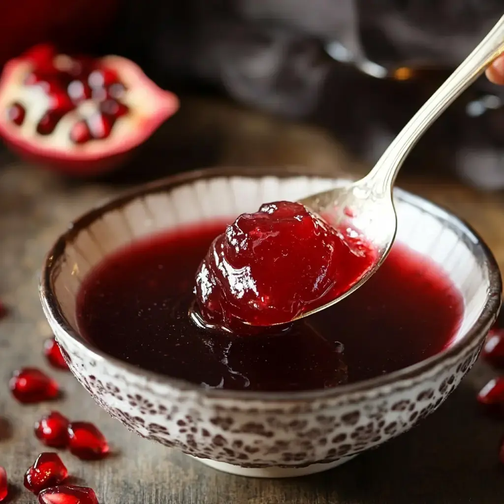 A spoon lifts a glistening, jelly-like portion of pomegranate jelly from a decorative bowl, surrounded by scattered pomegranate seeds.