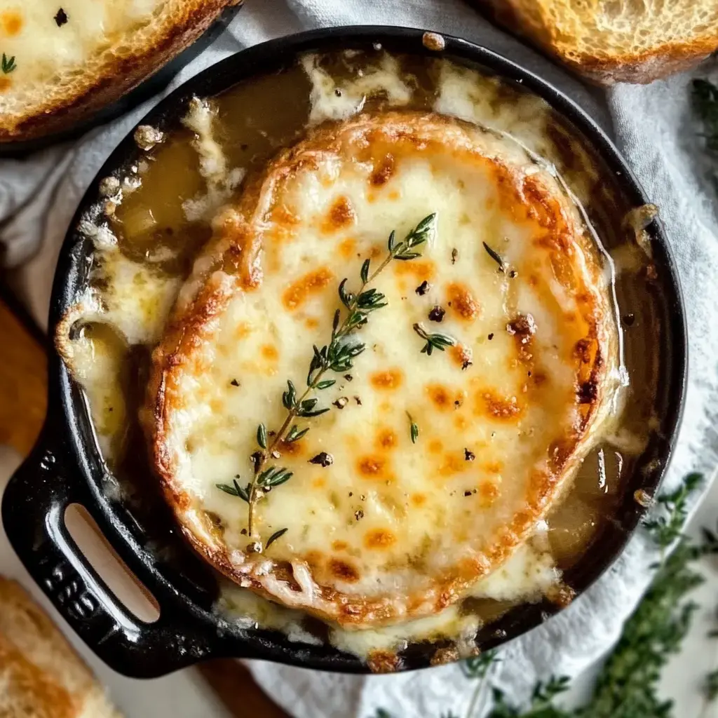 A bowl of French onion soup topped with melted cheese and a slice of toasted bread, garnished with fresh thyme.