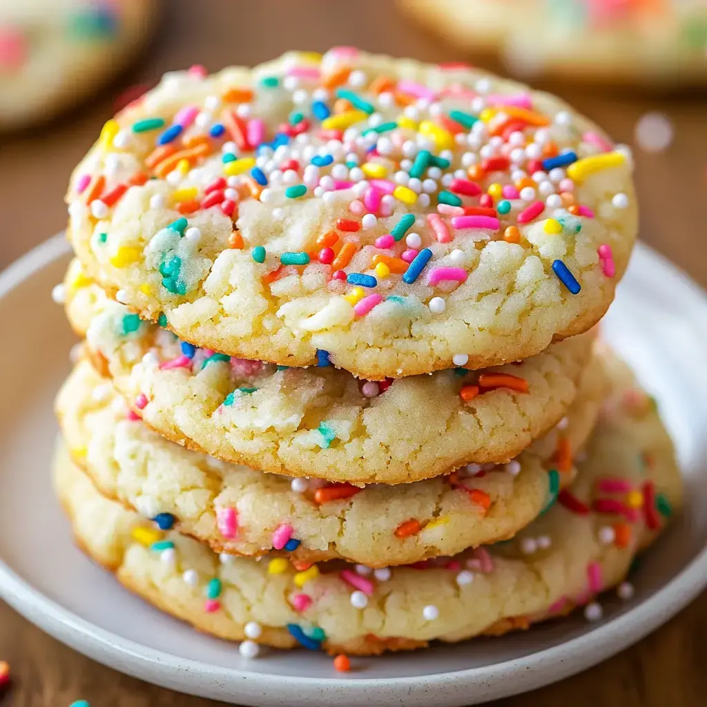 A stack of colorful sprinkle-covered cookies on a small white plate.