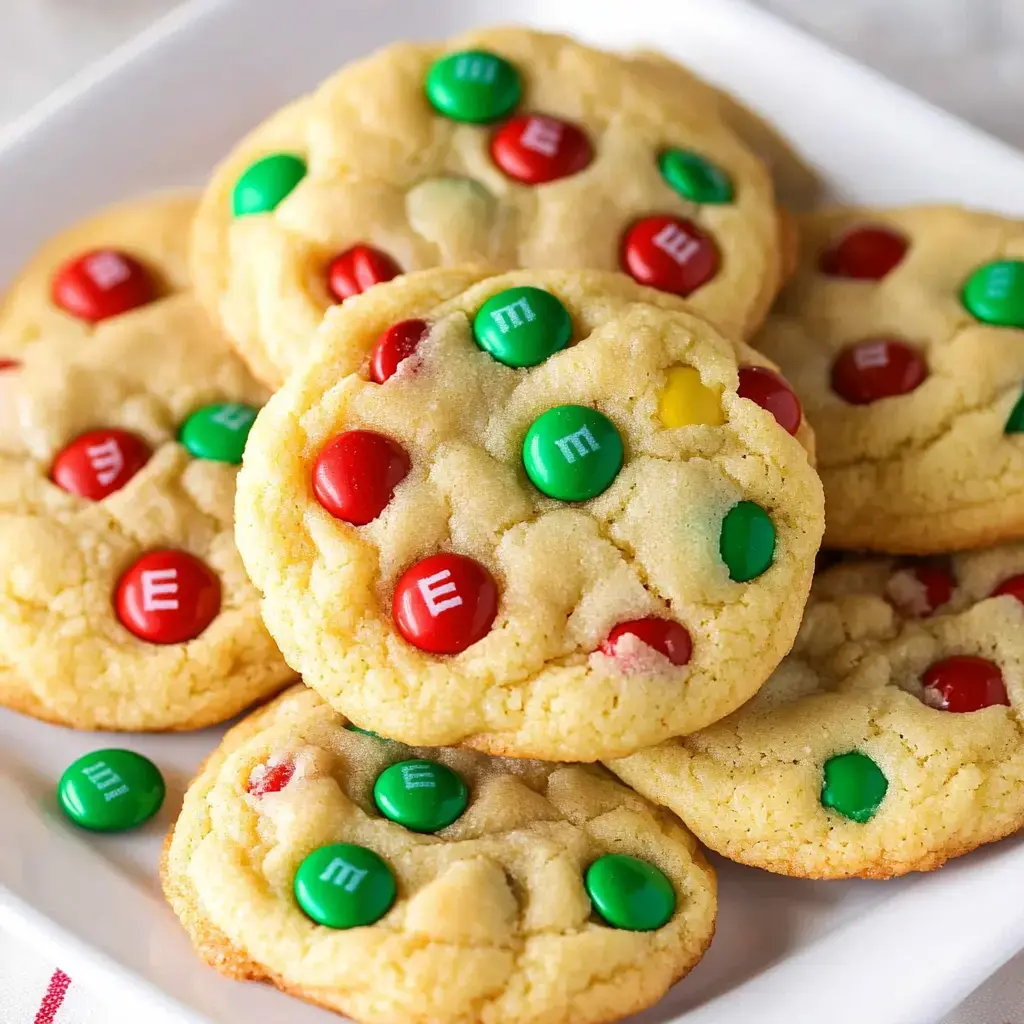 A close-up of freshly baked cookies decorated with red and green M&M candies, piled on a white plate.