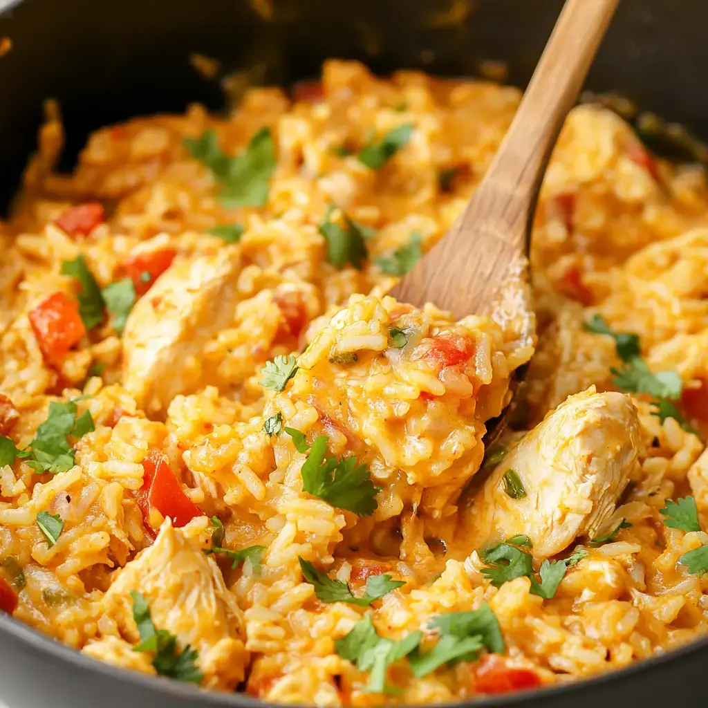 A wooden spoon is stirring a creamy chicken and rice dish topped with fresh cilantro and diced tomatoes in a dark pot.