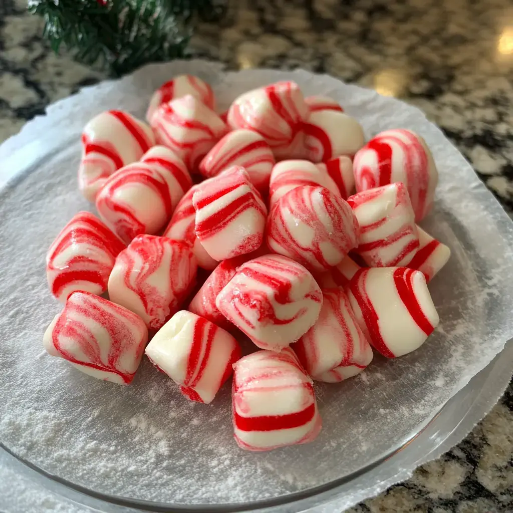 A pile of red and white swirled peppermint candies arranged on a lightly dusted plate.