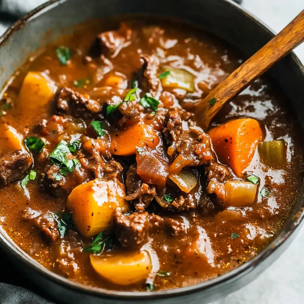 A bowl of hearty beef stew with chunks of meat, carrots, potatoes, and herbs.