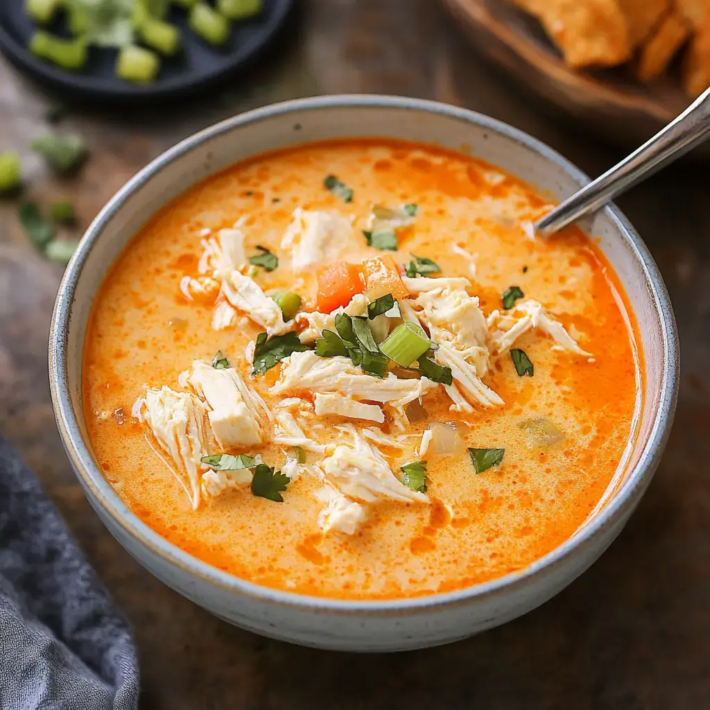 A bowl of creamy soup topped with shredded chicken, diced vegetables, and herbs.