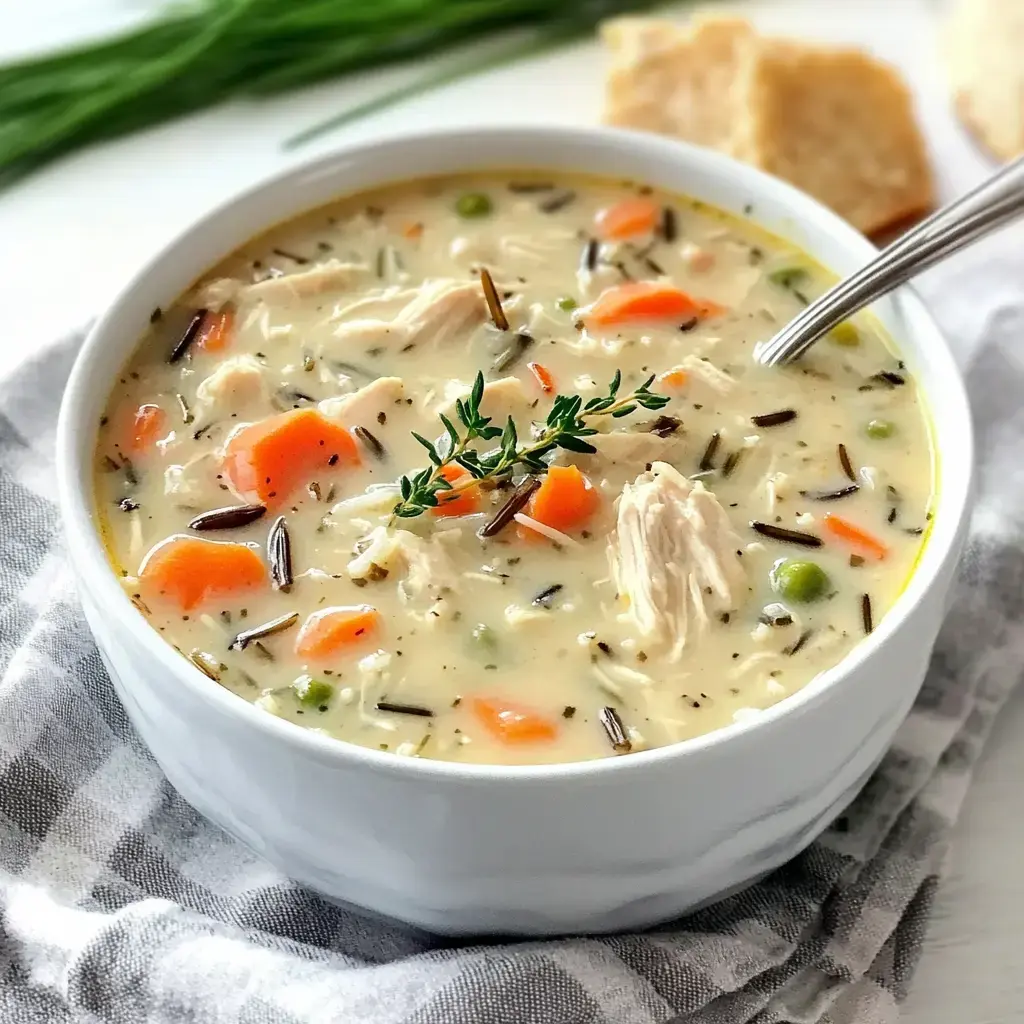 A creamy chicken and wild rice soup with carrots and peas is served in a white bowl, garnished with fresh thyme.