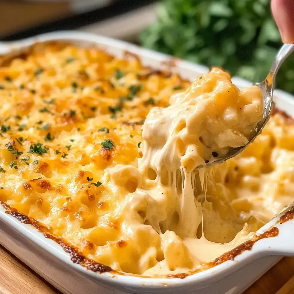 A spoon lifts cheesy, baked macaroni from a golden, crust-topped dish, revealing creamy pasta underneath.