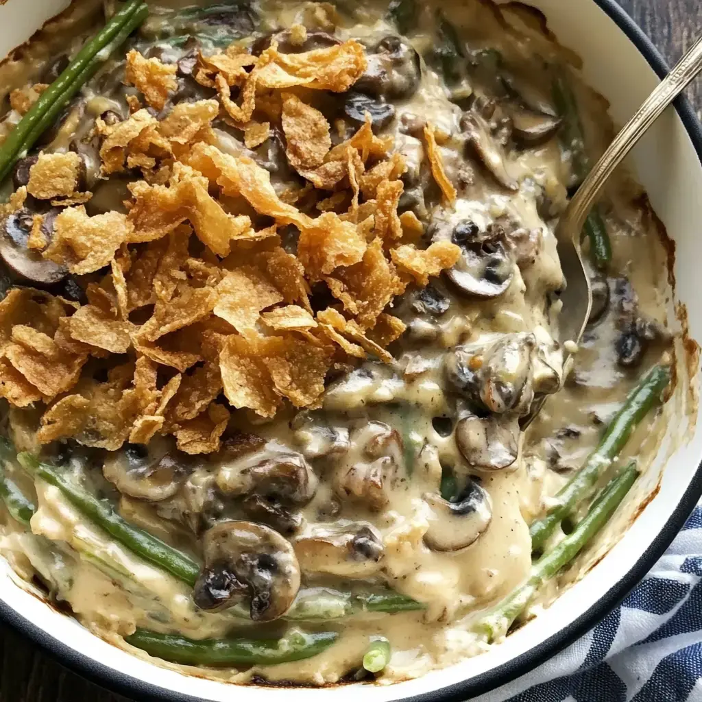 A creamy casserole with green beans and mushrooms, topped with crispy fried onion pieces.