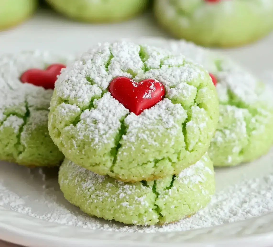 A close-up of green cookies dusted with powdered sugar, each topped with a red heart-shaped candy.