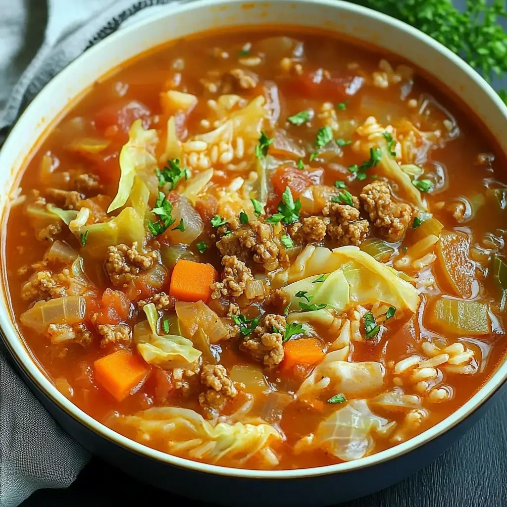 A close-up of a hearty soup with ground meat, vegetables, and garnished with parsley in a white bowl.