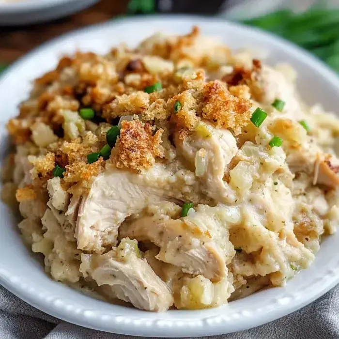 A creamy chicken and stuffing dish topped with golden-brown breadcrumbs and chopped green onions, served in a white bowl.