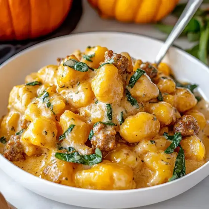 A creamy dish of gnocchi mixed with sausage and fresh spinach, garnished with herbs.