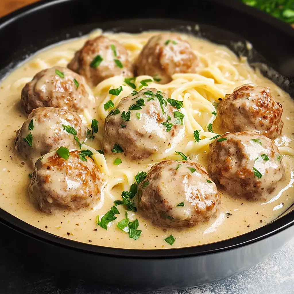 A black bowl filled with creamy spaghetti topped with meatballs and garnished with chopped parsley.