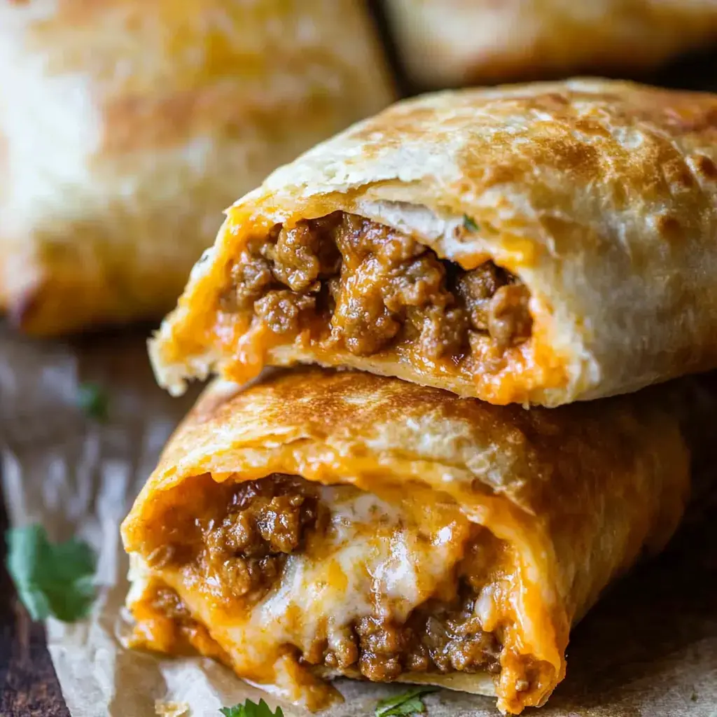 A close-up image of golden-brown burritos filled with ground meat and melted cheese, resting on parchment paper.