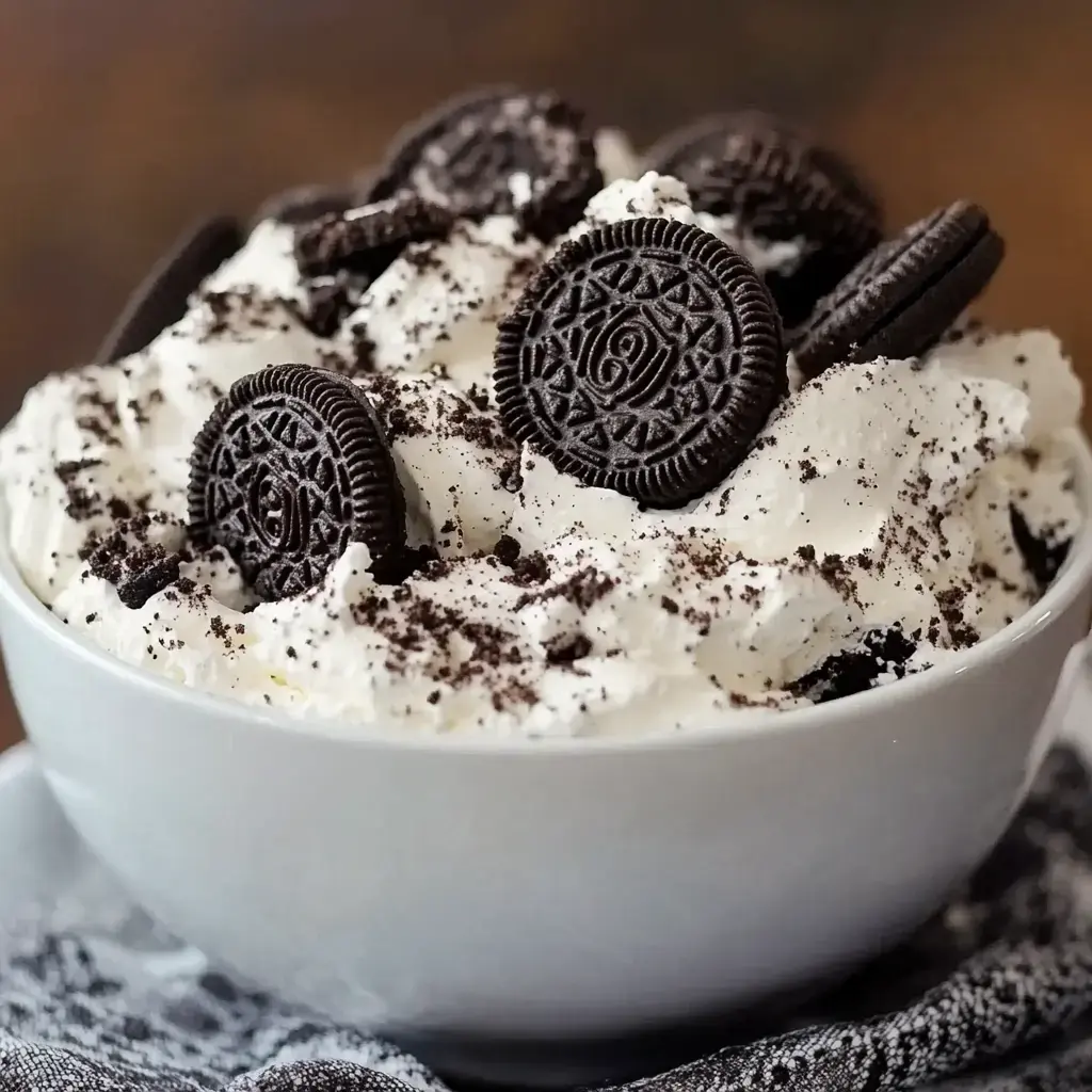 A bowl of whipped cream topped with whole Oreo cookies and crushed Oreo crumbs.