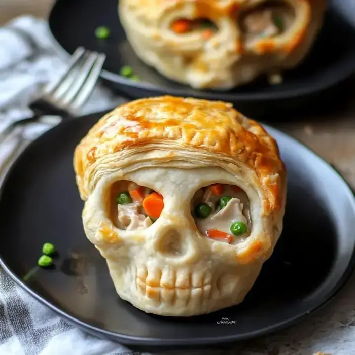 A baked pastry shaped like a skull filled with vegetables and meat, served on a black plate.