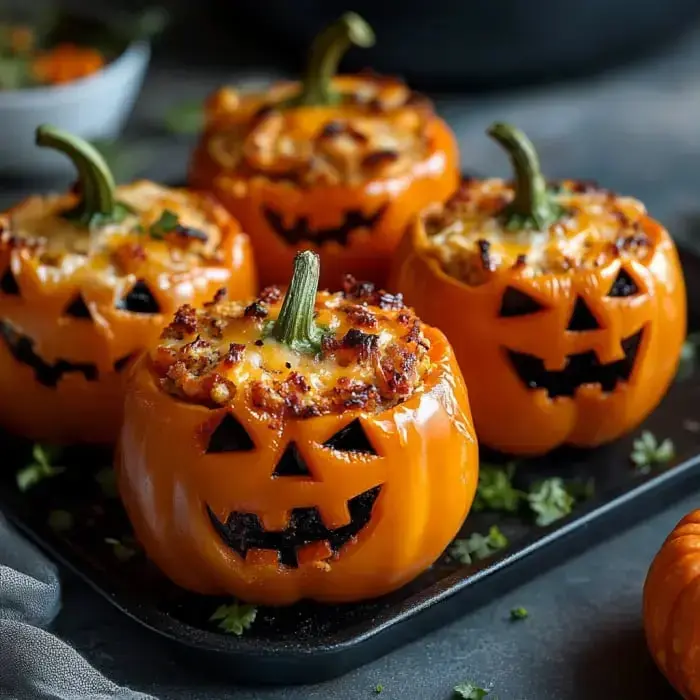 A tray of stuffed orange bell peppers shaped like jack-o'-lanterns, with baked toppings and decorative green stems.