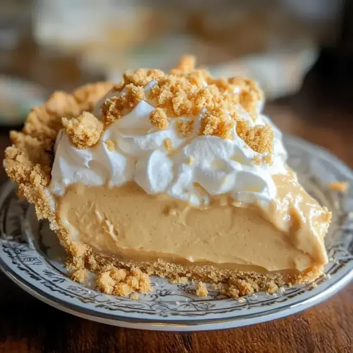 A slice of creamy pie topped with whipped cream and crumbled cookies on a decorative plate.