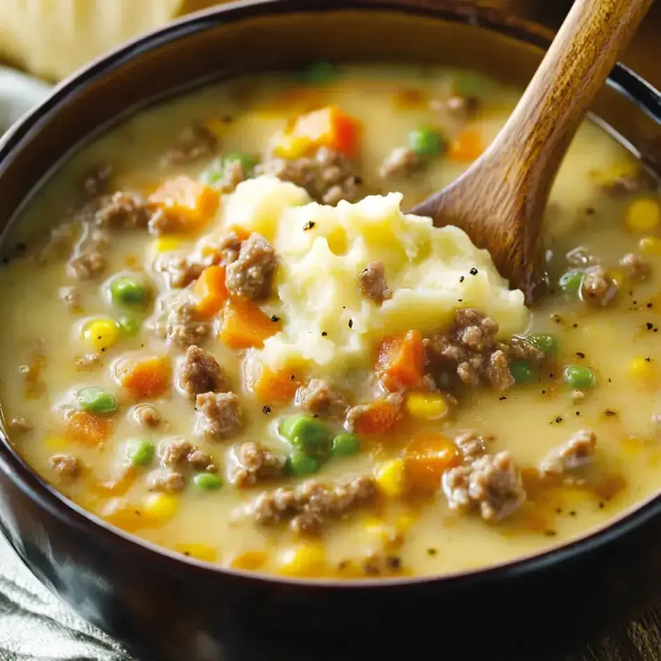 A bowl of creamy soup with ground meat, vegetables, and a spoonful of mashed potatoes, served with a wooden spoon.