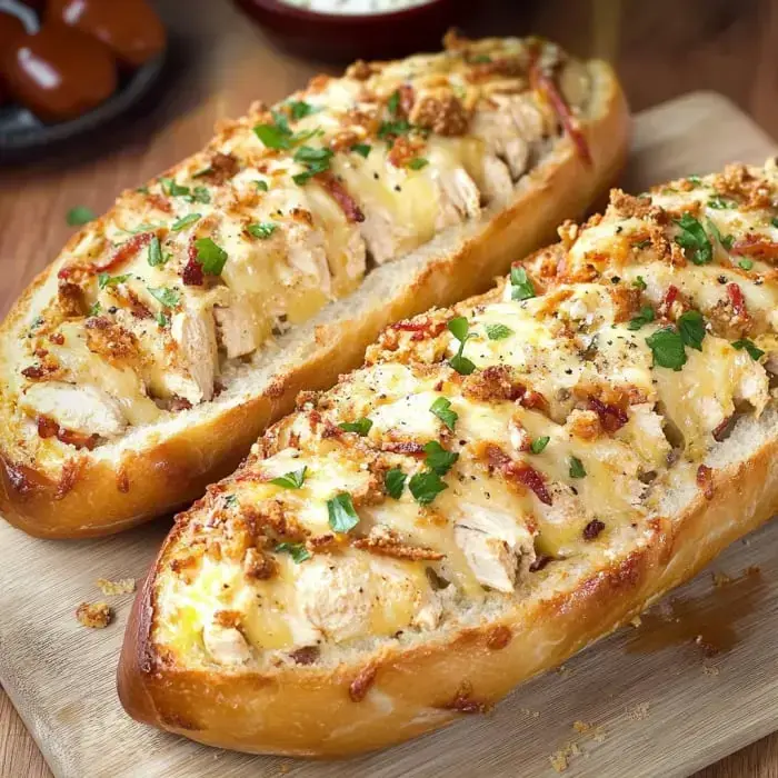 Two toasted bread loaves topped with shredded chicken, melted cheese, crispy bacon, and herbs, placed on a wooden cutting board.