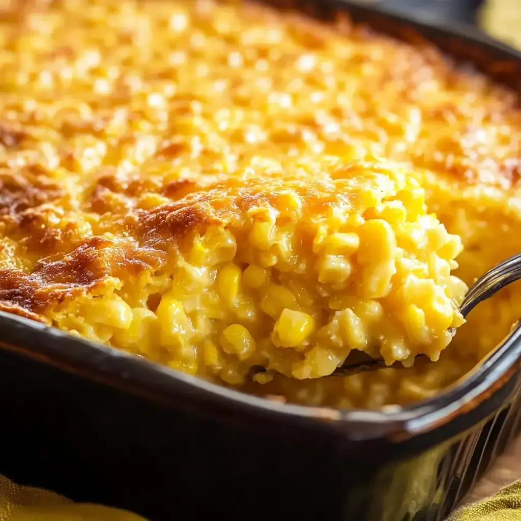 A close-up of a golden-brown corn casserole with a serving spoon scooping out a portion.