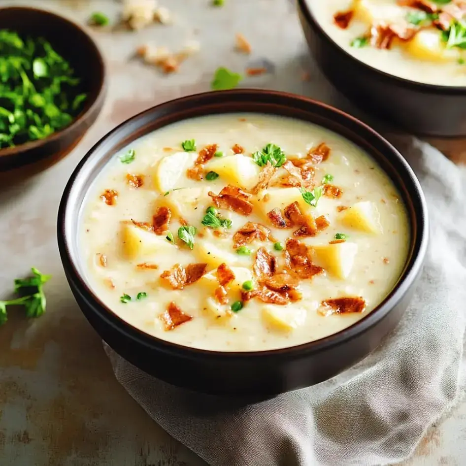 A bowl of creamy potato soup topped with crispy bacon and fresh parsley, accompanied by a bowl of chopped cilantro.