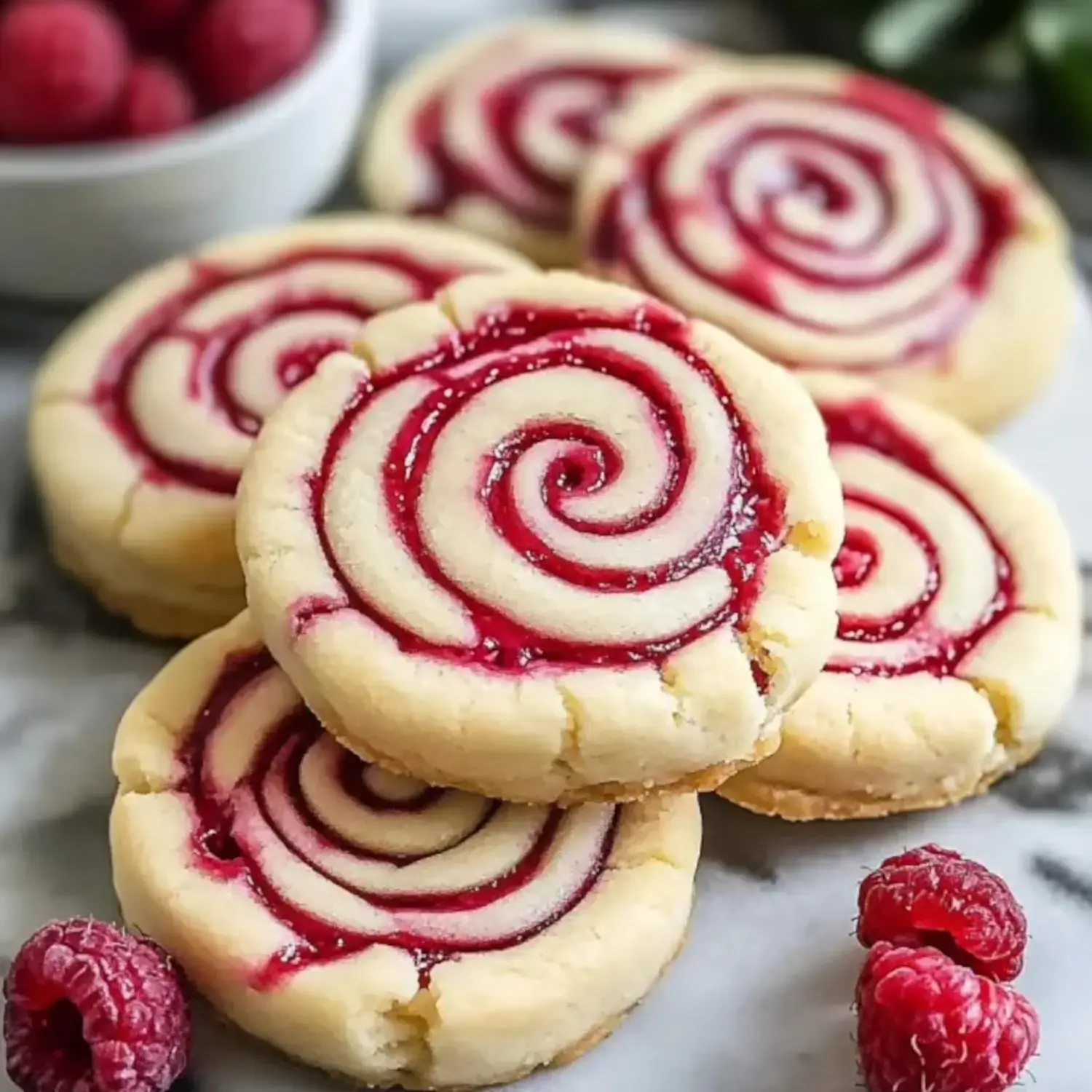 A close-up of spiral-shaped raspberry swirl cookies arranged on a marble surface, with a small bowl of raspberries in the background.