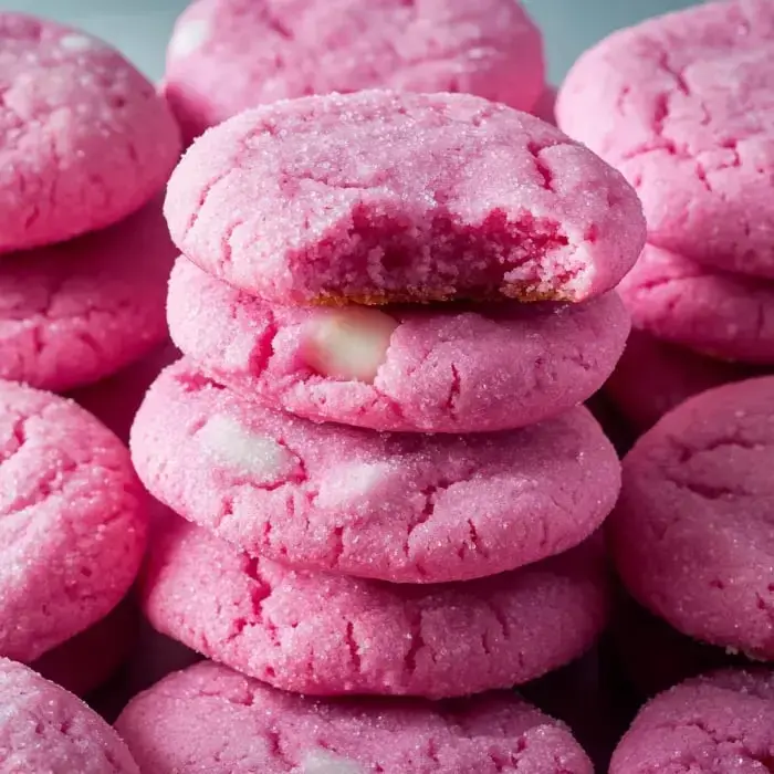 A stack of pink cookies, one with a bite taken out of it, is surrounded by more cookies.