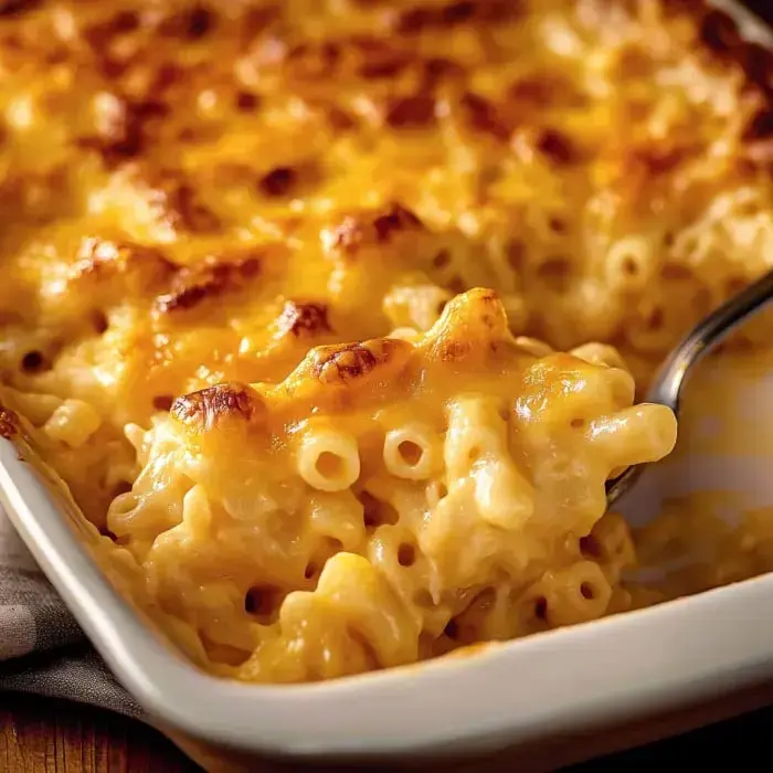 A close-up of a creamy, baked macaroni and cheese dish with a golden, crispy top.