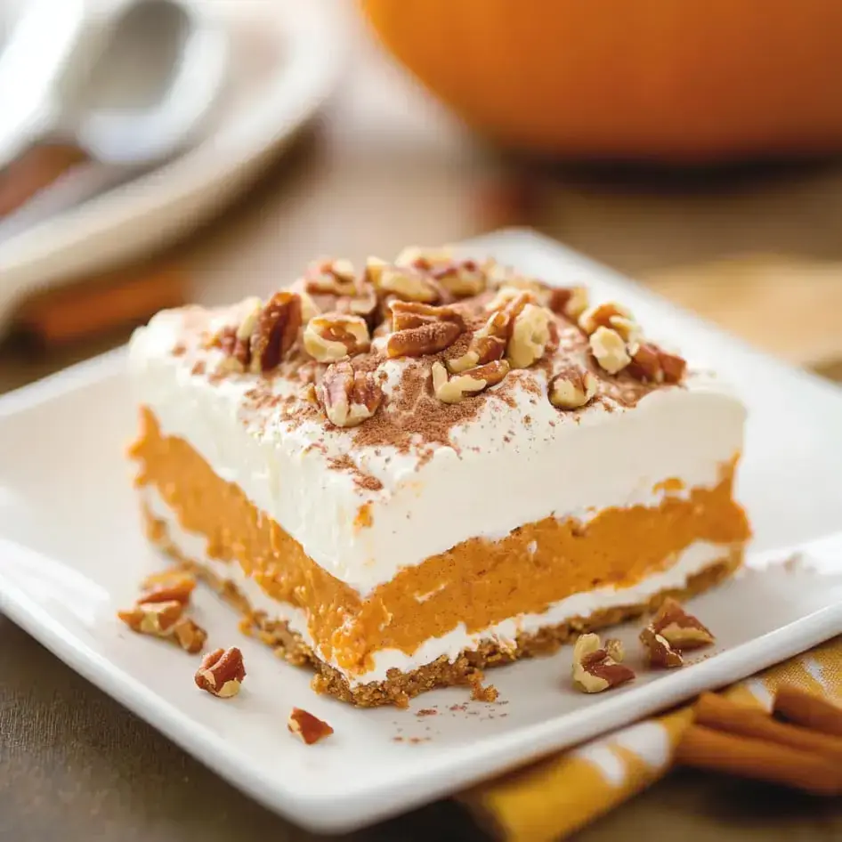 A slice of layered pumpkin dessert topped with whipped cream, chopped pecans, and a dusting of cocoa powder on a plate.