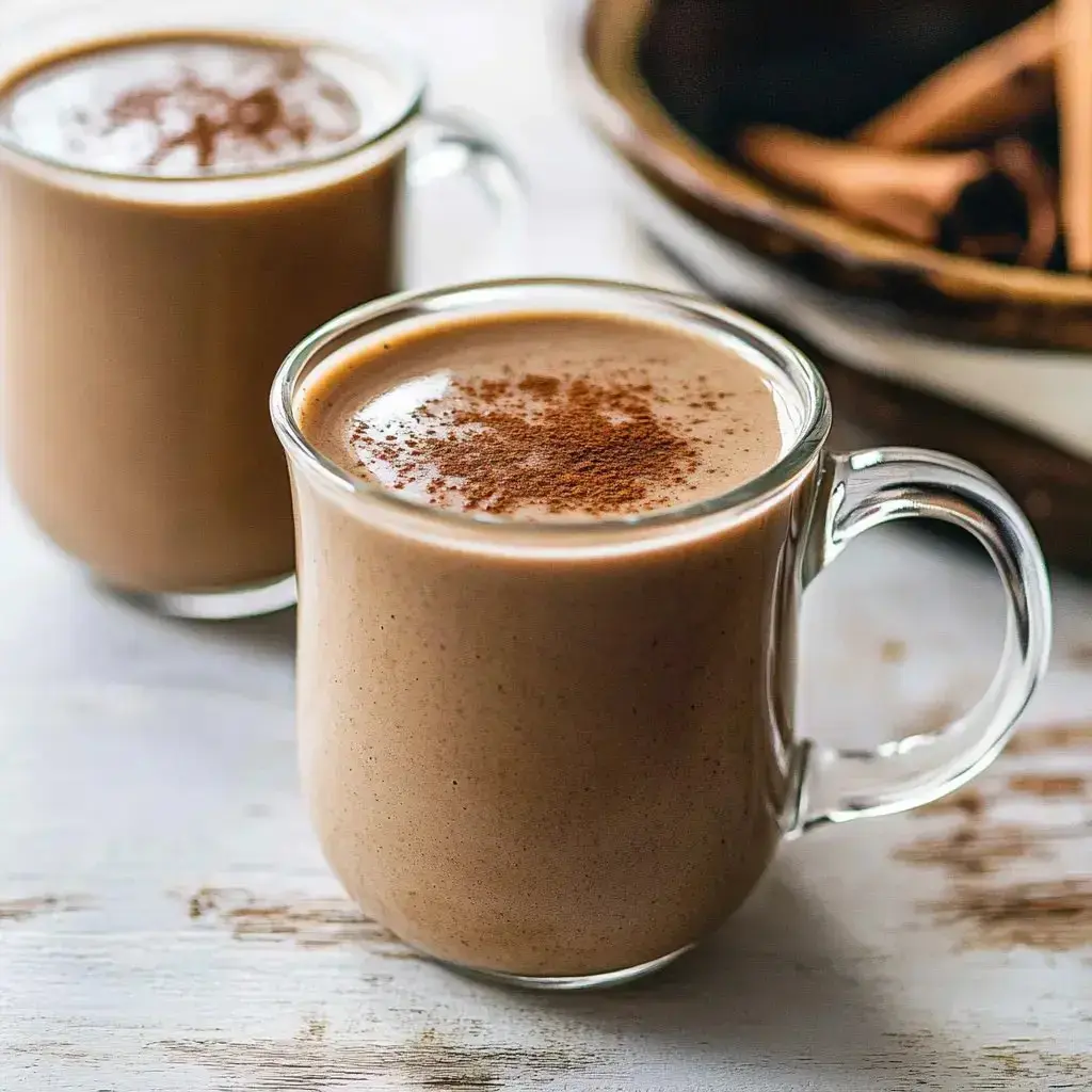 Two clear glass mugs filled with creamy spiced coffee topped with a sprinkle of cinnamon, beside a bowl with cinnamon sticks.