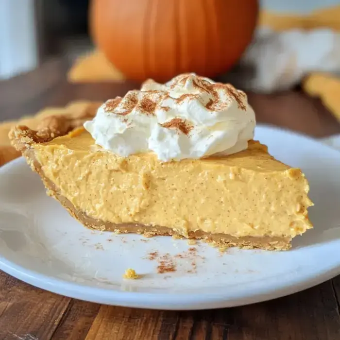 A slice of pumpkin pie topped with whipped cream and a sprinkle of cinnamon, served on a white plate with a blurred pumpkin in the background.