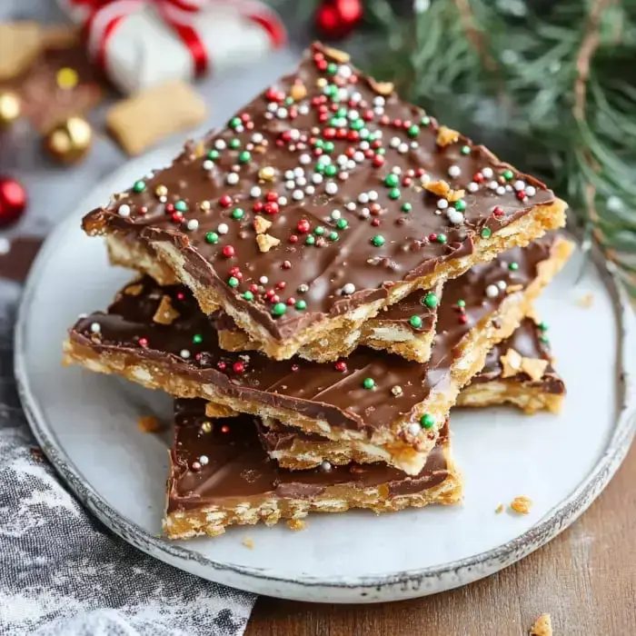 A plate of layered chocolate-covered cracker toffee topped with colorful sprinkles sits on a wooden table with festive decorations in the background.