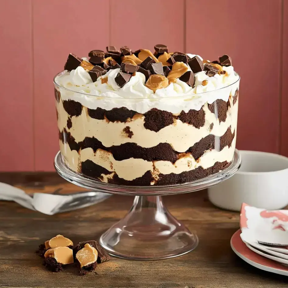 A layered chocolate and vanilla dessert topped with whipped cream and chocolate pieces is displayed in a glass trifle dish.