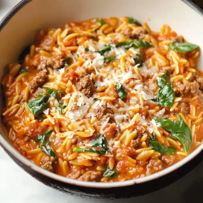 A creamy dish of orzo pasta mixed with ground meat, spinach, and topped with grated cheese in a bowl.