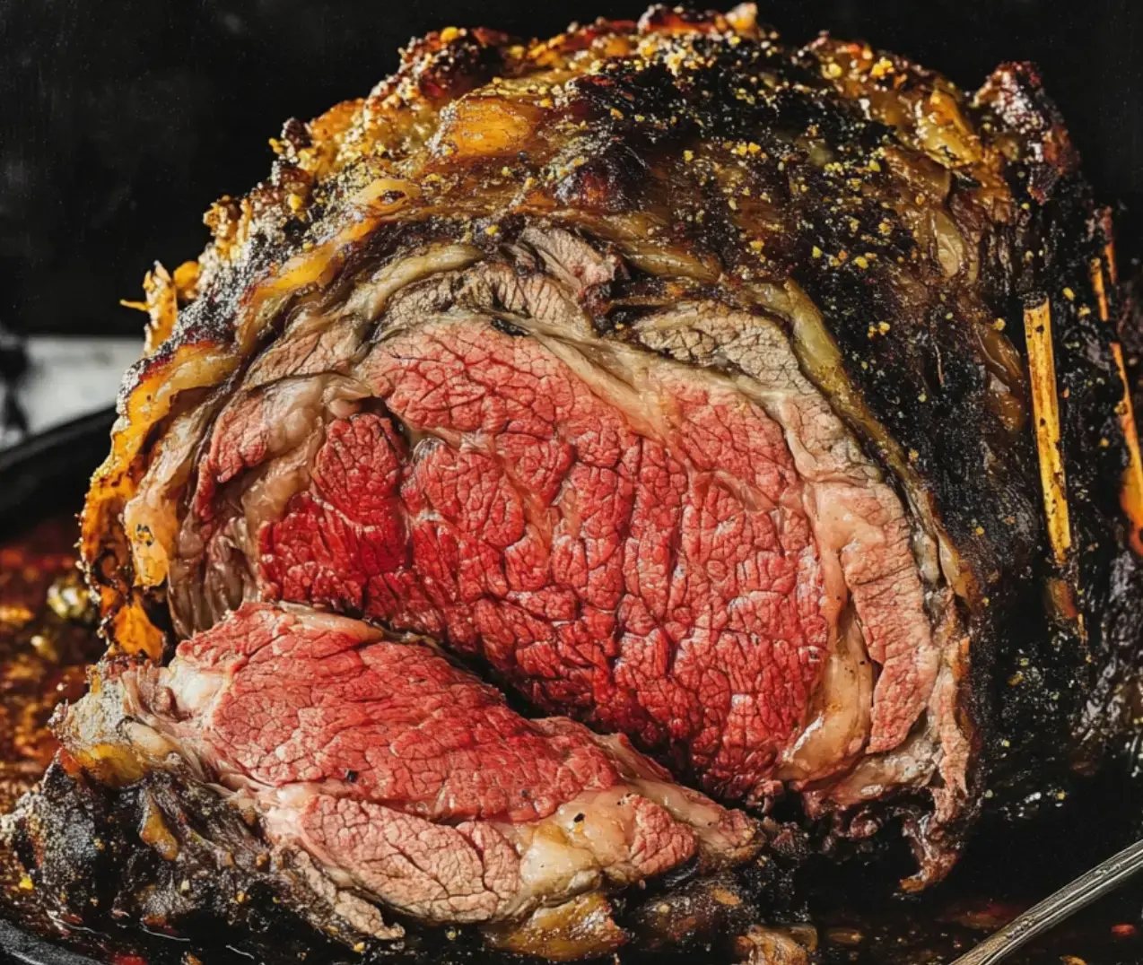 A perfectly cooked prime rib roast with a crusty exterior and pink, juicy interior is displayed on a black plate.